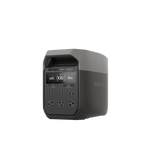 The EcoFlow portable power station features a sleek black and gray design, digital display, Fast Charging, multiple buttons, and various power outlets on the front panel.
