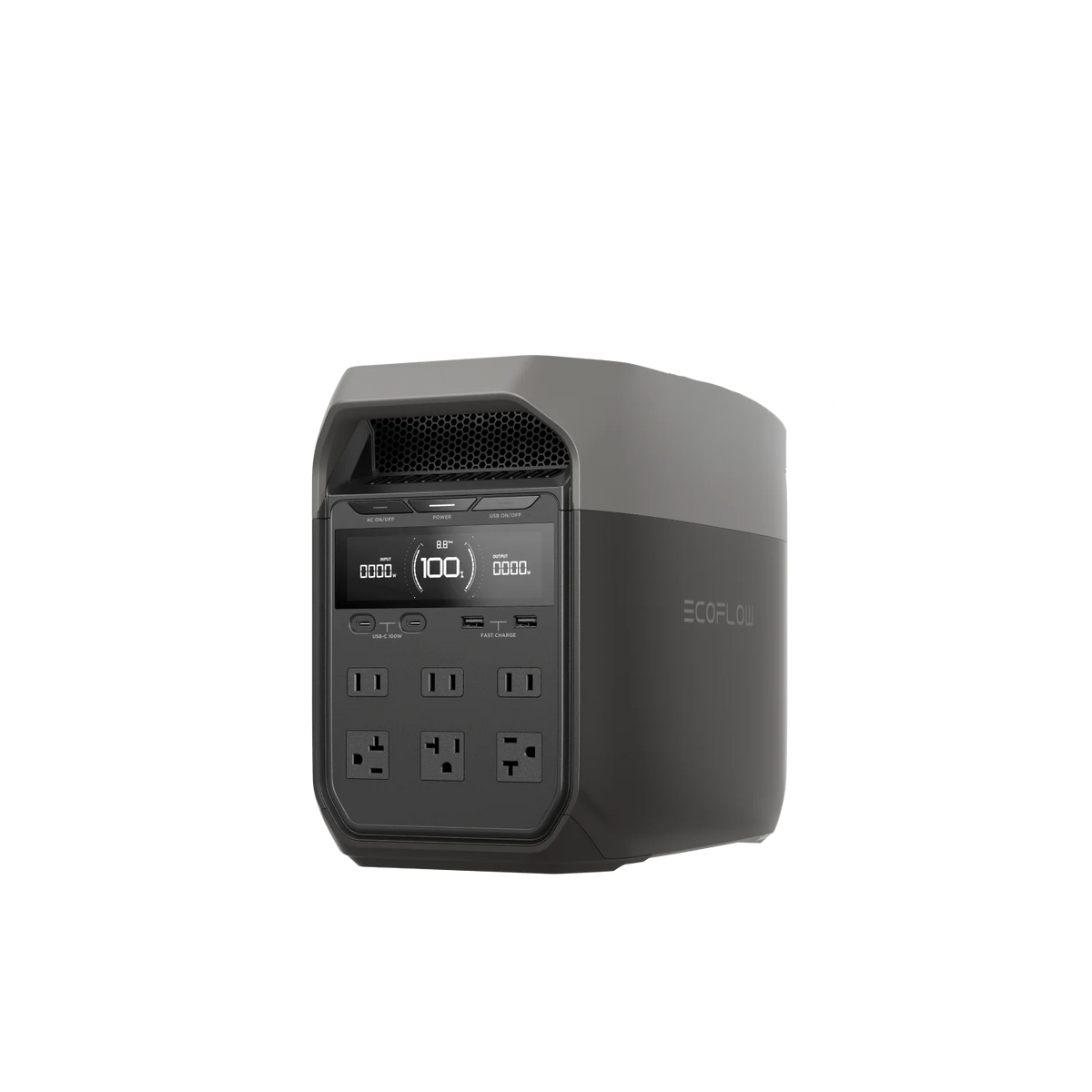 The EcoFlow portable power station features a sleek black and gray design, digital display, Fast Charging, multiple buttons, and various power outlets on the front panel.