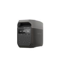 The EcoFlow portable power station features a sleek black and gray design, digital display, Fast Charging, multiple buttons, and various power outlets on the front panel.
