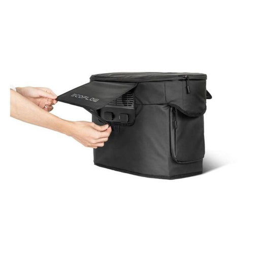 A person lifts the flap of a black rectangular EcoFlow carrying case with side pockets, revealing an EcoFlow device inside, recognized for its advanced BMS protection.