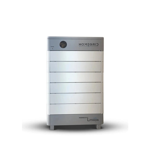 A white and gray rectangular Homegrid battery storage unit with a circular power indicator and “Powered by Lithion” at the bottom, highlighting a modular, expandable home energy storage system on a white background.