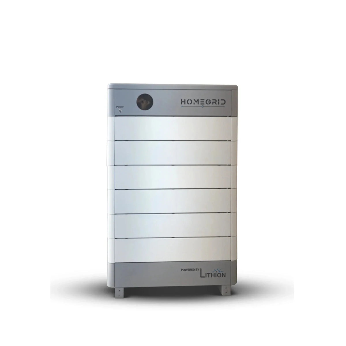A white and gray rectangular Homegrid battery storage unit with a circular power indicator and “Powered by Lithion” at the bottom, highlighting a modular, expandable home energy storage system on a white background.
