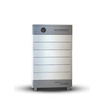 A white and gray rectangular Homegrid modular home battery stands upright, featuring a power button and indicators on top left, branding at top right and bottom front—offering expandable capacity and whole-home backup power.