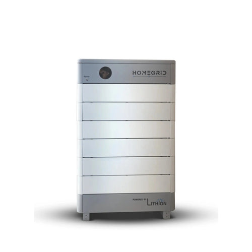 A white and gray rectangular Homegrid modular home battery stands upright, featuring a power button and indicators on top left, branding at top right and bottom front—offering expandable capacity and whole-home backup power.