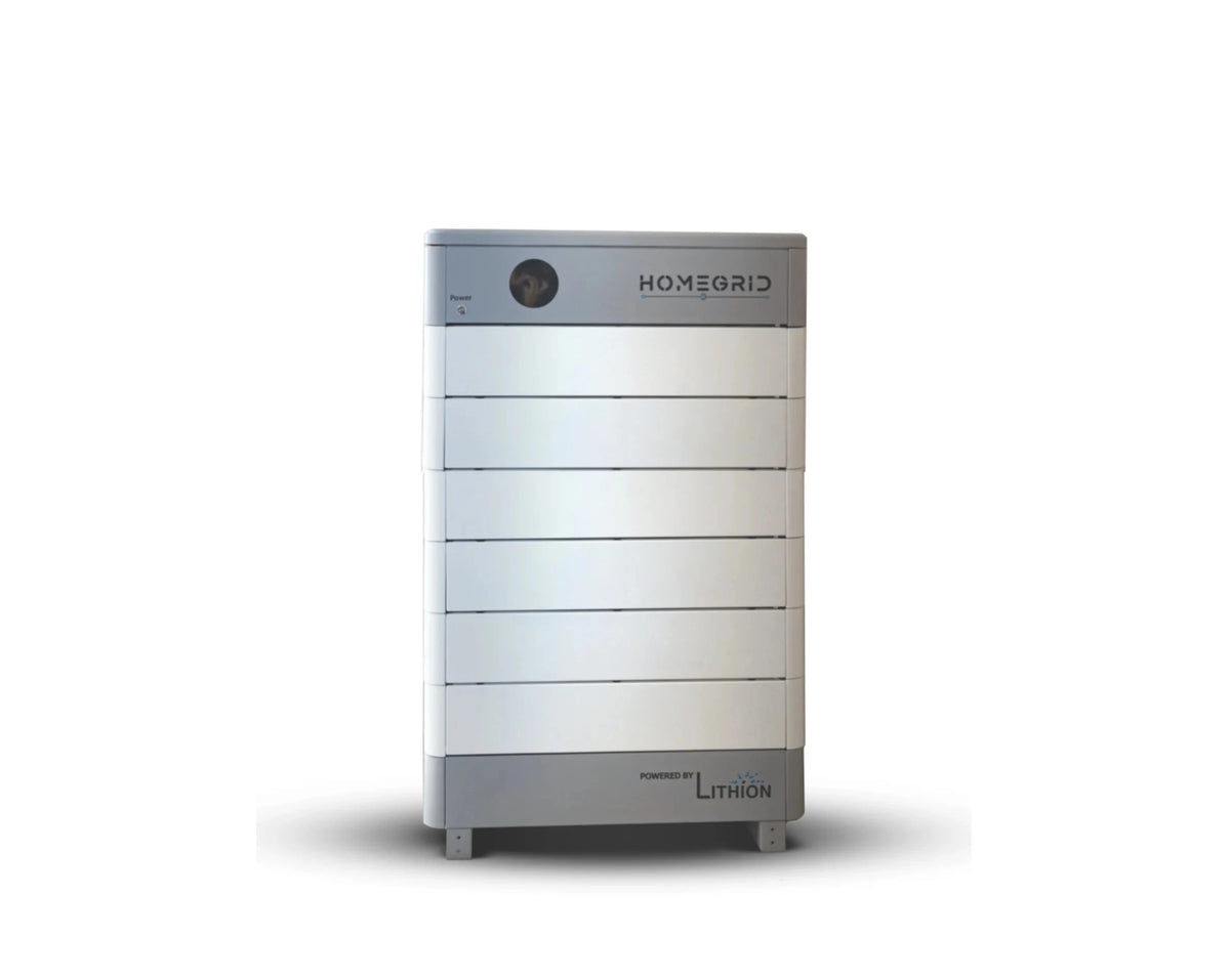 A white and gray rectangular Homegrid modular home battery stands upright, featuring a power button and indicators on top left, branding at top right and bottom front—offering expandable capacity and whole-home backup power.