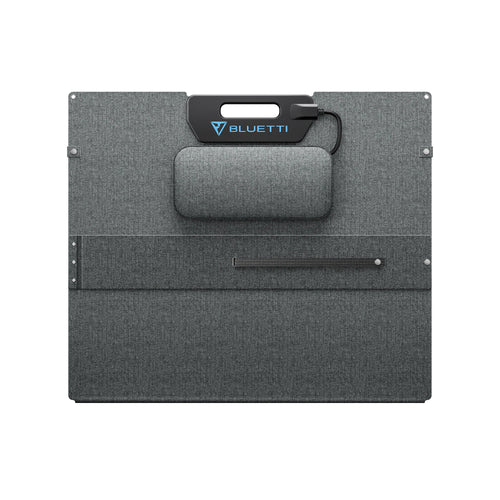 The Bluetti PV350 is a foldable, rectangular solar panel in a gray fabric case with a black handle and a small top zipper pouch. The Bluetti logo appears on the handle section—an ideal portable power solution for your needs.