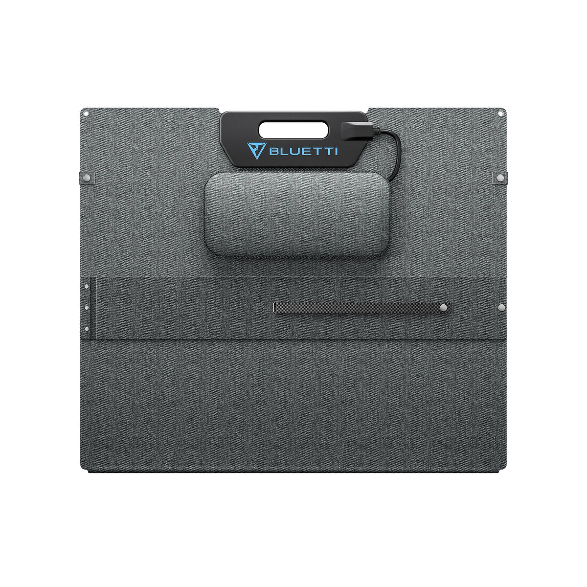 The Bluetti PV350 is a foldable, rectangular solar panel in a gray fabric case with a black handle and a small top zipper pouch. The Bluetti logo appears on the handle section—an ideal portable power solution for your needs.
