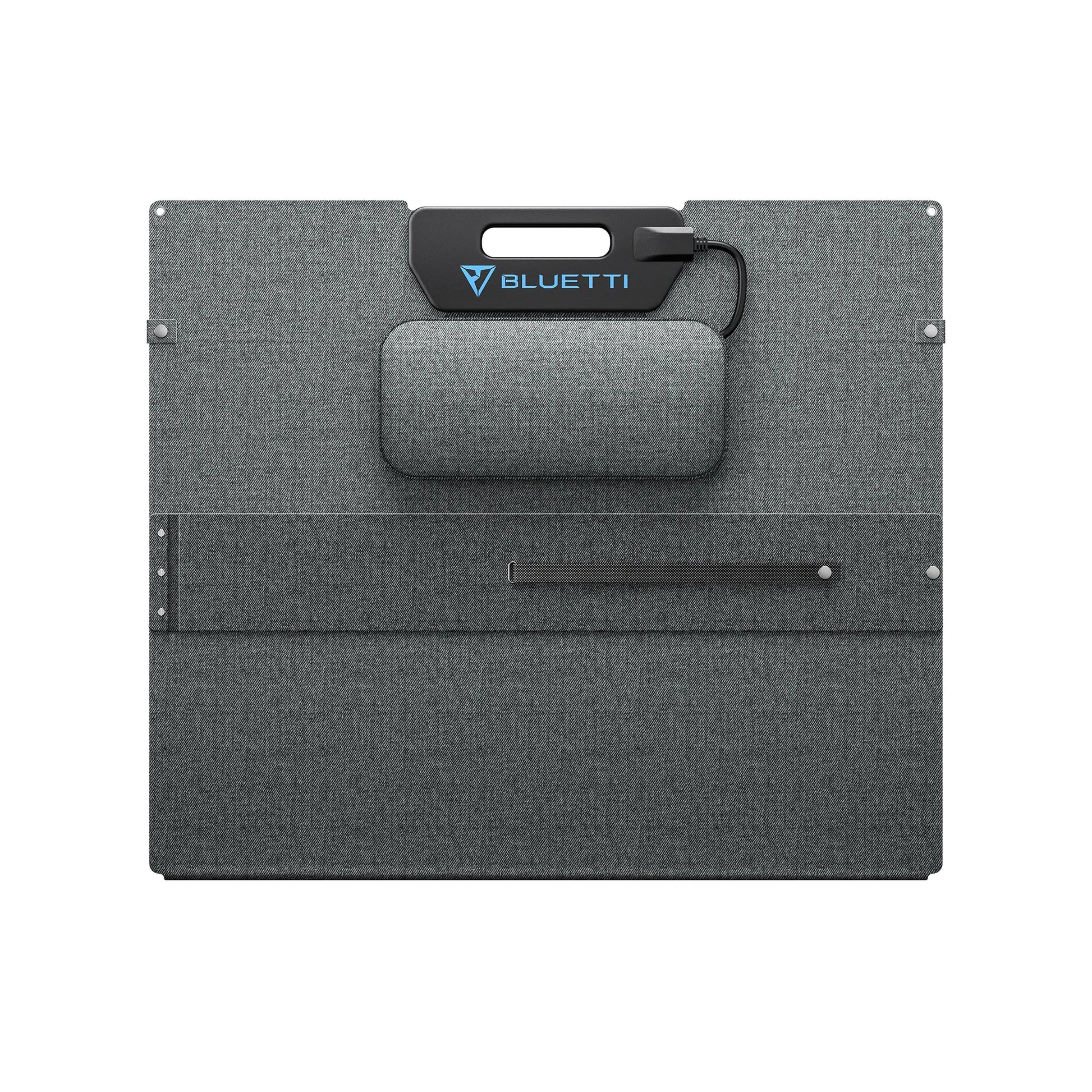 The Bluetti PV350 is a foldable, rectangular solar panel in a gray fabric case with a black handle and a small top zipper pouch. The Bluetti logo appears on the handle section—an ideal portable power solution for your needs.