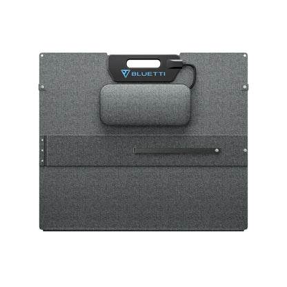 The Bluetti PV350 is a foldable, rectangular solar panel in a gray fabric case with a black handle and a small top zipper pouch. The Bluetti logo appears on the handle section—an ideal portable power solution for your needs.