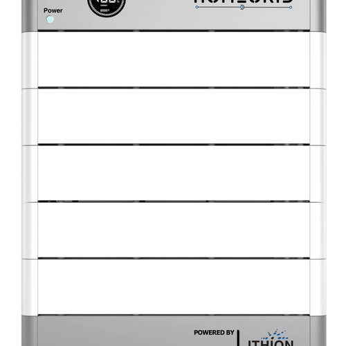 A rectangular white and gray Homegrid modular home battery storage unit with a circular digital power display on the upper left ensures reliable full-home backup.