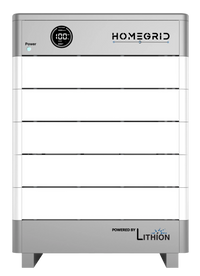 A rectangular white and gray Homegrid modular home battery storage unit with a circular digital power display on the upper left ensures reliable full-home backup.