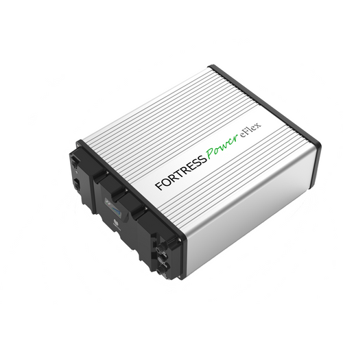 A rectangular silver and black lithium iron phosphate battery, labeled Fortress Power eFlex 5.4kWh, with ribbed sides and connectors on one end, offers reliable energy storage by Fortress Power against a white background.
