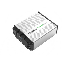 A rectangular silver and black lithium iron phosphate battery, labeled Fortress Power eFlex 5.4kWh, with ribbed sides and connectors on one end, offers reliable energy storage by Fortress Power against a white background.