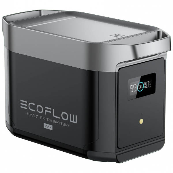 The EcoFlow Smart Extra Battery for Delta Max is a sleek, rectangular unit with a front digital display for battery info and the EcoFlow name on the side—ideal for use with solar panels or a solar generator.