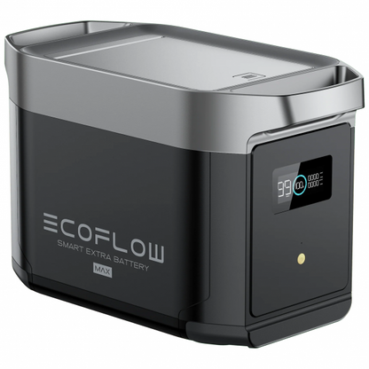 The EcoFlow Smart Extra Battery for Delta Max is a sleek, rectangular unit with a front digital display for battery info and the EcoFlow name on the side—ideal for use with solar panels or a solar generator.