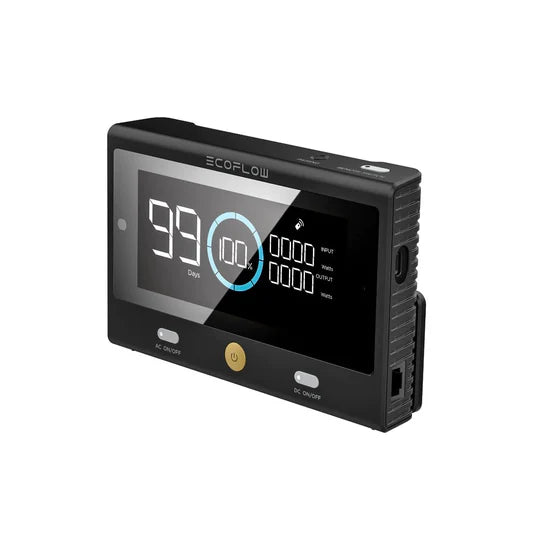 An EcoFlow Delta Pro, featuring a black digital display panel showing 99 days, battery percentage, and input/output info—ideal for portable power—with control buttons below the screen and ports on the side.