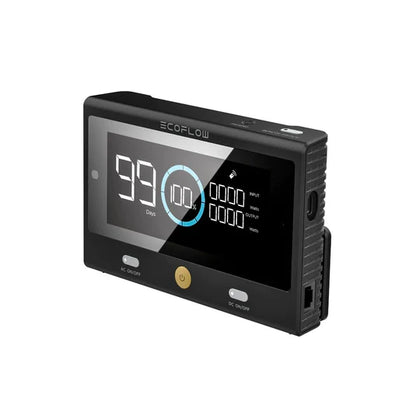 The Ecoflow Delta Pro battery monitor in black features a digital display showing battery status, input/output levels, and “99 Days.” This advanced power system includes multiple ports and buttons on its sides and bottom.