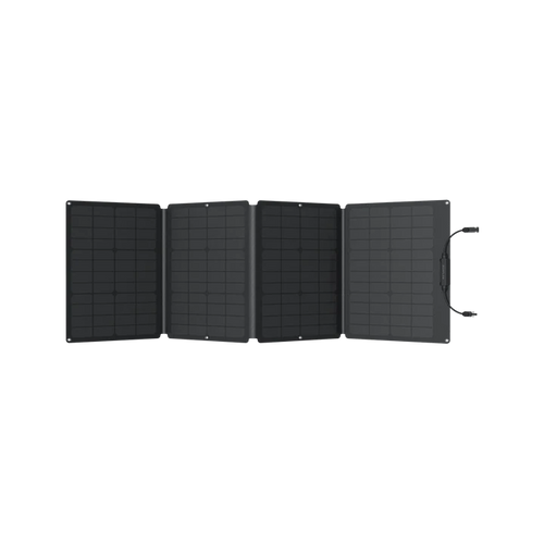The Ecoflow foldable portable solar panel features a lightweight design, four black rectangular sections when unfolded, and a handle on the right side for easy carrying.