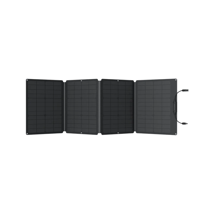 The Ecoflow foldable portable solar panel features a lightweight design, four black rectangular sections when unfolded, and a handle on the right side for easy carrying.
