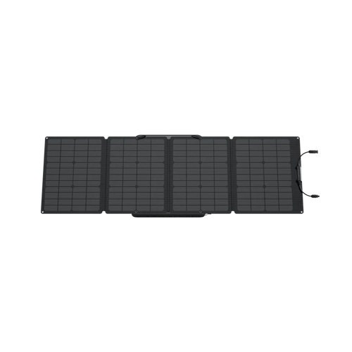 The Ecoflow foldable rectangular portable solar panel has four dark grid-like sections, handles at each end, and a lightweight design for easy transport.
