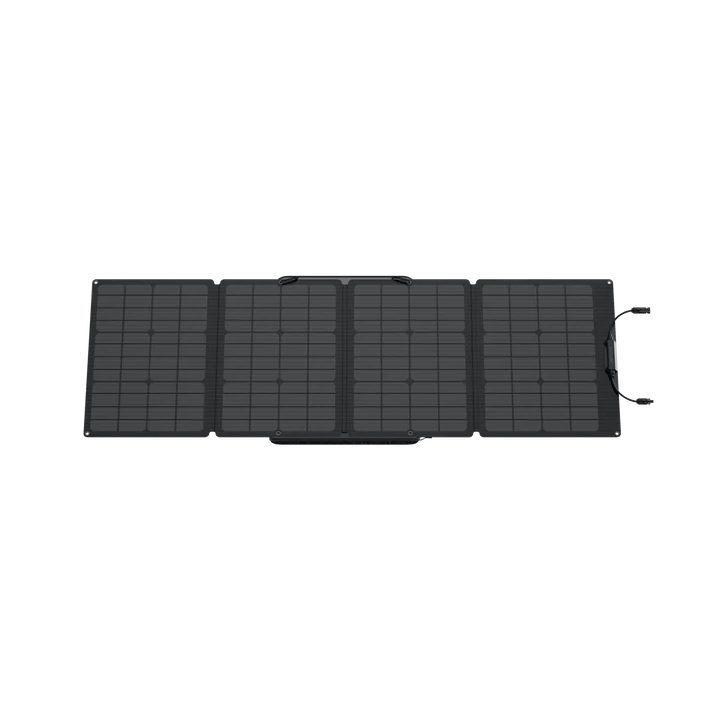The Ecoflow foldable rectangular portable solar panel has four dark grid-like sections, handles at each end, and a lightweight design for easy transport.