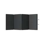 An Ecoflow black, four-panel foldable solar panel is fully extended, displaying its 400W portable capacity and a carrying handle on the right. Its surface features a grid-like pattern, ideal for off-grid living. The background is transparent.