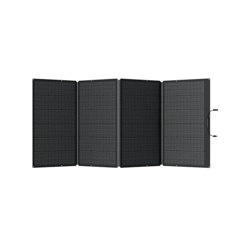 A foldable black Ecoflow solar panel with four rectangular sections is fully extended and standing upright—ideal for the Ecoflow Delta Pro solar generator. One section includes a built-in carrying handle on the side.