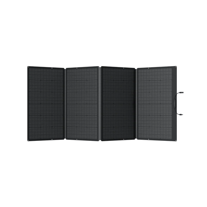A foldable black Ecoflow solar panel with four rectangular sections is fully extended and standing upright—ideal for the Ecoflow Delta Pro solar generator. One section includes a built-in carrying handle on the side.
