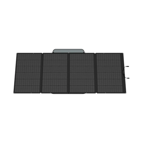 The Ecoflow 400W portable solar panel has a foldable design with four connected rectangular segments and a top carrying handle, shown from above on a transparent background—perfect for off-grid living.
