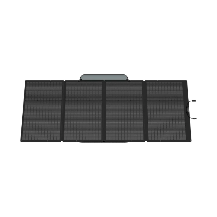 The Ecoflow 400W portable solar panel has a foldable design with four connected rectangular segments and a top carrying handle, shown from above on a transparent background—perfect for off-grid living.