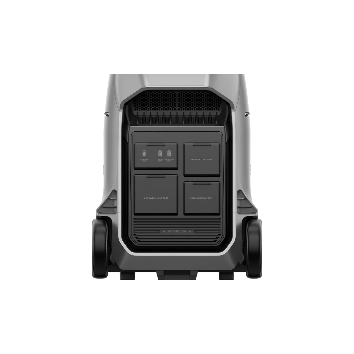 Rear view of the EcoFlow DELTA Pro 3 portable power station by Ecoflow, showing covered outlets, input ports, and large wheels for easy transport—an excellent addition to your solar kit.