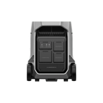 Rear view of the EcoFlow Delta Pro 3 power station by Ecoflow, showing four rectangular expandable battery compartments, ventilation above, and two black wheels per side for easy mobility.