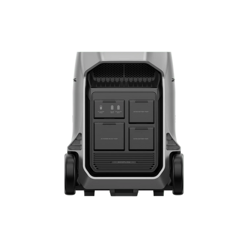 Rear view of the EcoFlow Delta Pro 3 power station by Ecoflow, showing four rectangular expandable battery compartments, ventilation above, and two black wheels per side for easy mobility.