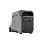 The Ecoflow Delta Pro 3 is a portable power station featuring expandable capacity, a digital display, six power outlets, multiple USB ports, and a sleek gray casing with wheels for easy mobility.
