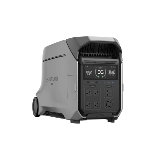 The Ecoflow Delta Pro 3 is a portable power station featuring expandable capacity, a digital display, six power outlets, multiple USB ports, and a sleek gray casing with wheels for easy mobility.