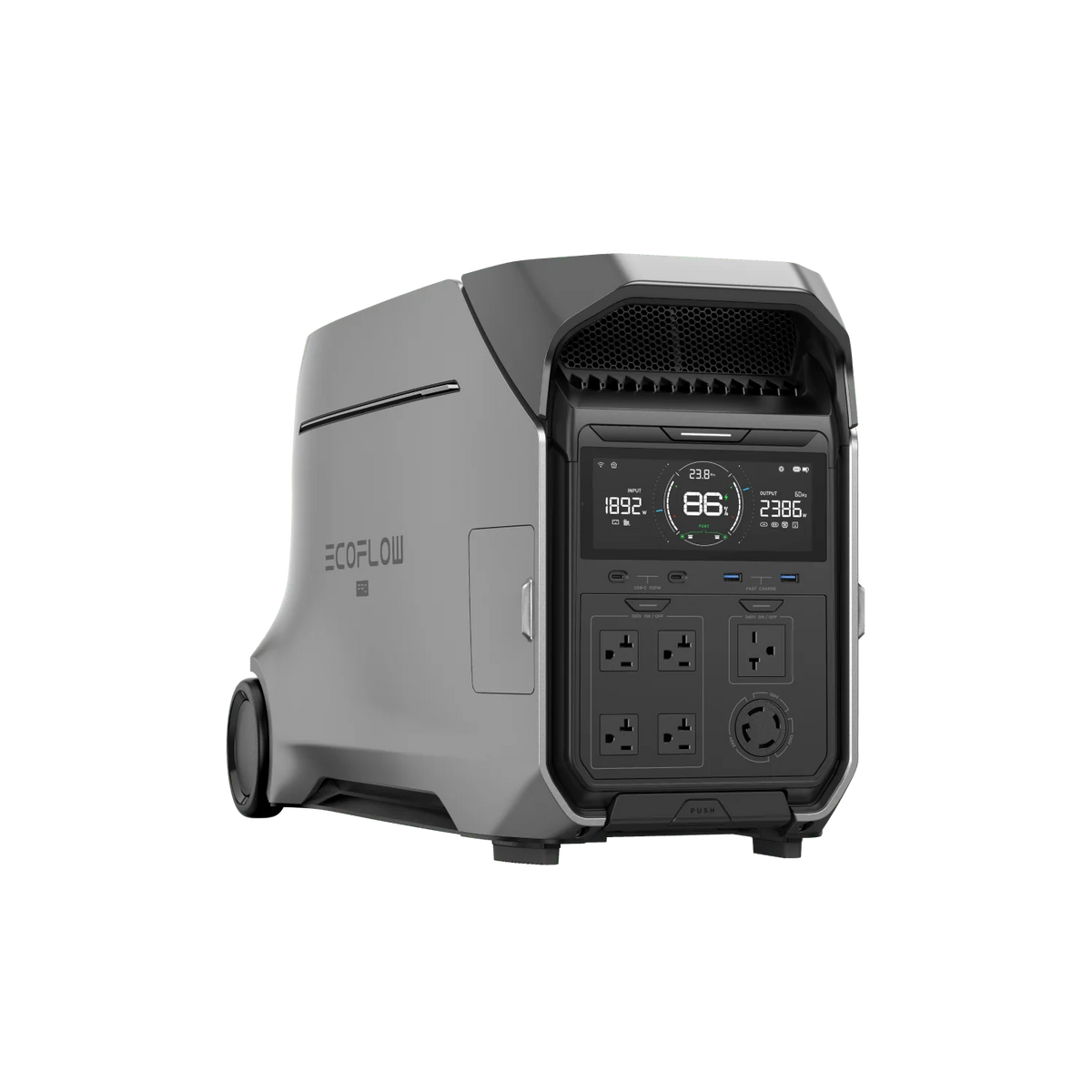 The Ecoflow Delta Pro 3 is a portable power station featuring expandable capacity, a digital display, six power outlets, multiple USB ports, and a sleek gray casing with wheels for easy mobility.