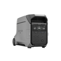 The EcoFlow DELTA Pro 3 portable power station by Ecoflow offers solar charging, a digital display, and diverse outlets in a sleek gray case with wheels and a handle for easy transport.