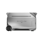 The silver EcoFlow Delta Pro 3 power station features a modern rectangular design, handle, wheels for transport, expandable capacity, and the EcoFlow logo displayed on the front.