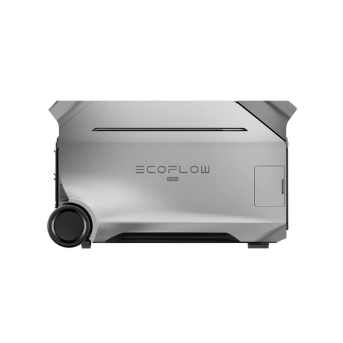 The silver EcoFlow Delta Pro 3 power station features a modern rectangular design, handle, wheels for transport, expandable capacity, and the EcoFlow logo displayed on the front.