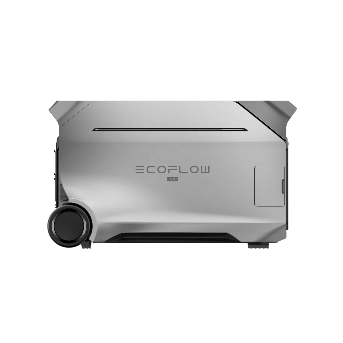 The silver EcoFlow Delta Pro 3 power station features a modern rectangular design, handle, wheels for transport, expandable capacity, and the EcoFlow logo displayed on the front.