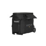The EcoFlow Delta Pro is a black, portable solar generator with wheels, a handle, side flaps, and compartments. Compact and mobile for outdoor use, it delivers up to 3600W of power.