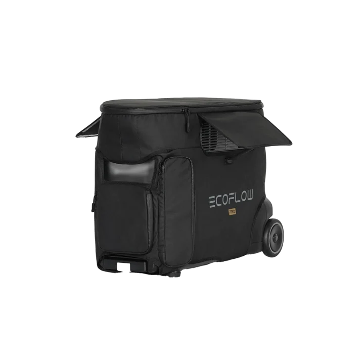 The EcoFlow Delta Pro is a black, portable solar generator with wheels, a handle, side flaps, and compartments. Compact and mobile for outdoor use, it delivers up to 3600W of power.