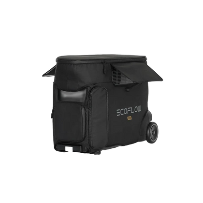 The EcoFlow Delta Pro is a black, portable solar generator with wheels, a handle, side flaps, and compartments. Compact and mobile for outdoor use, it delivers up to 3600W of power.