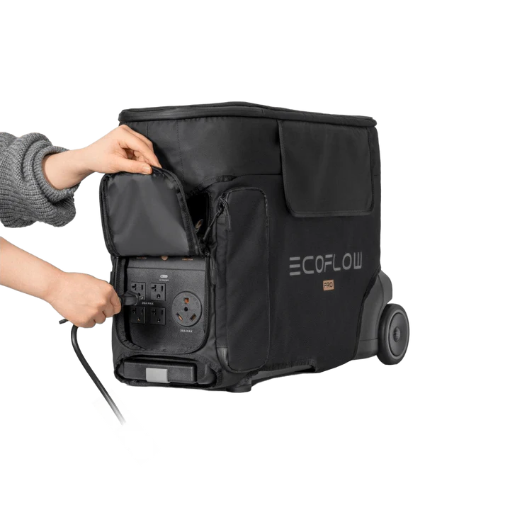 A person opens a side compartment on a black Ecoflow Delta Pro wheeled bag, revealing power outlets and connecting a cable to the 3600W output solar generator inside.