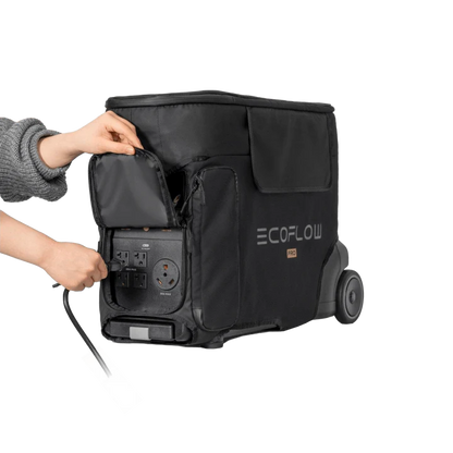 A person opens a side compartment on a black Ecoflow Delta Pro wheeled bag, revealing power outlets and connecting a cable to the 3600W output solar generator inside.