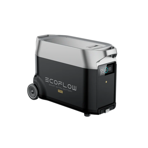 The EcoFlow Smart Extra Battery by EcoFlow features a black and silver design with wheels, display screen, and handle. It’s built for portable energy storage and pairs seamlessly with the 6500W MultiCharge system.