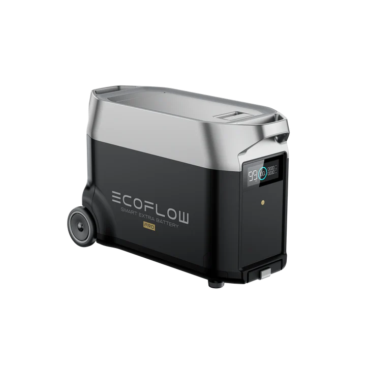 The EcoFlow Smart Extra Battery by EcoFlow features a black and silver design with wheels, display screen, and handle. It’s built for portable energy storage and pairs seamlessly with the 6500W MultiCharge system.