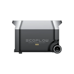 A sleek, rectangular EcoFlow Smart Extra Battery Pro features a metallic finish, black lower half, right-side wheel, and displays the logo and model name on the front. It is compatible with the 6500W MultiCharge system.