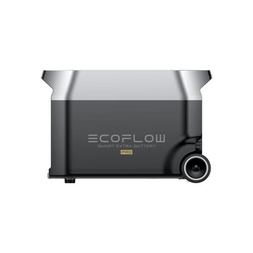 A sleek, rectangular EcoFlow Smart Extra Battery Pro features a metallic finish, black lower half, right-side wheel, and displays the logo and model name on the front. It is compatible with the 6500W MultiCharge system.