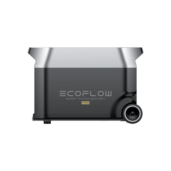 A sleek, rectangular EcoFlow Smart Extra Battery Pro features a metallic finish, black lower half, right-side wheel, and displays the logo and model name on the front. It is compatible with the 6500W MultiCharge system.